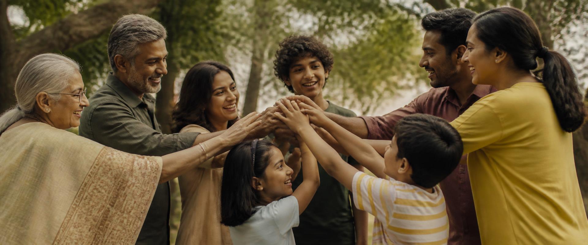 A multi-generational Indian family standing together in a circle joining hands, smiling and sharing a moment of connection and joy